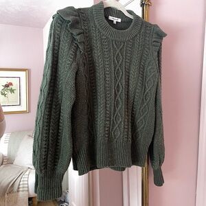 Madewell Cable Knit Ruffle Shoulder Sweater - Olive